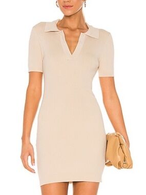 Revolve Line and Dot Brittany Ribbed Mini Dress Tan Large Bodycon Polo V Neck